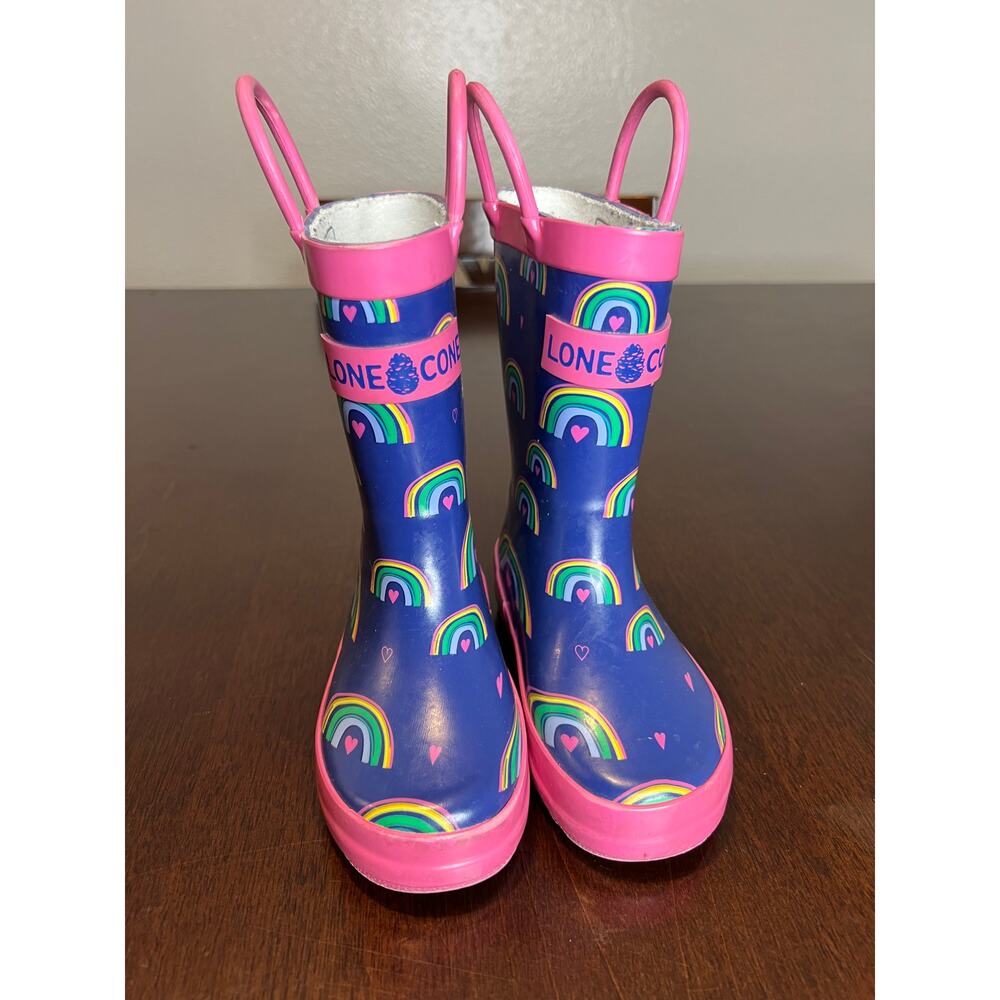 Lone Cone Kids Rain Boots Rainbow Print Navy Pink Rubber ~ Size 7